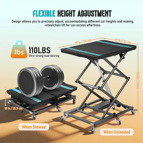 Electric Hydraulic Lift Table Built Dang Tough With Hella Smooth Operation And Straight Up Heavy Duty Aluminum Platform for mobility, showing flexible height adjustment and 110 lbs capacity.