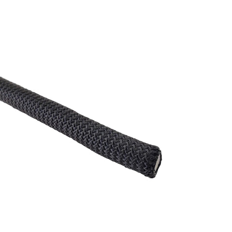 Close-up of Half Inch Black Shock Cord Bungee Rope, Marine Grade Polyester, showing braided texture, UV Resistant and Abrasion Resistant.
