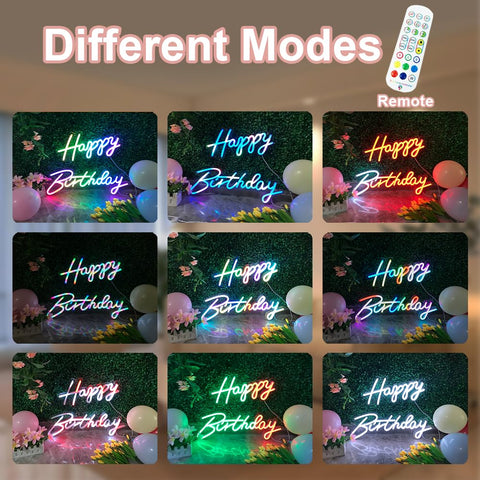 Different modes of Extra Large Neon Happy Birthday Sign With Multi Color LED Lights Light Up Backdrop For Parties with remote.