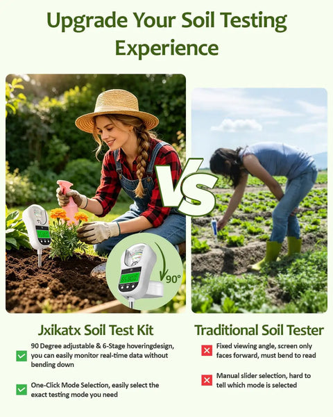 7 In 1 Soil Test Kit With Moisture, PH, Light Intensity, Fertility, Temperature, Humidity And Air Temperature Readouts, Dual Large Display For Garden, Lawn, Farm, Indoor And Outdoor Plants, Warm White adjustable display vs traditional tester