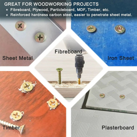 420 Piece Flat Head Phillips Wood Screws Assortment Kit, Zinc Coated Carbon Steel used on various materials in woodworking.