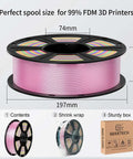 Pink PLA filament spool 1kg, dimensions 197x58x74mm, for 99% FDM 3D printers, shown with packaging details.