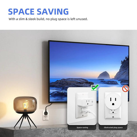 Smart Plug 15A WiFi Outlet Works With Alexa And Google Assistant, 2 Pack With Timer installed behind TV for space-saving setup