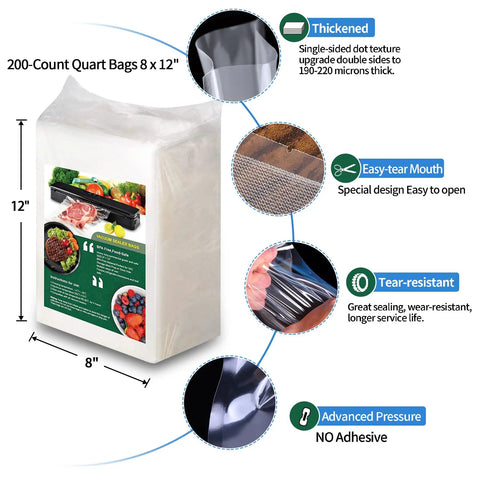 200 Count 8x12 Inch BPA Free Vacuum Sealer Bags Heavy Duty 7 Layer Puncture Resistant with features diagram