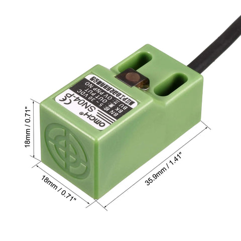 Side view of Inductive Proximity Sensor Switch PNP NO DC 5-30V 3-Wire 200mA 4mm Sensing with measurements, green casing.