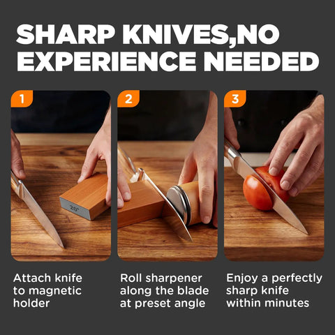 Step-by-step use of Rolling Knife Sharpener With Magnetic Angle Guide 15 And 20 Degree Two-Stage Diamond Ceramic Sharpening Kit