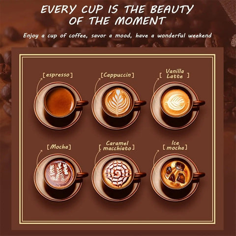 Quiet Compact Electric Coffee Machine Automatic Espresso Maker With Milk Frother coffee types including espresso, cappuccino, and mocha.