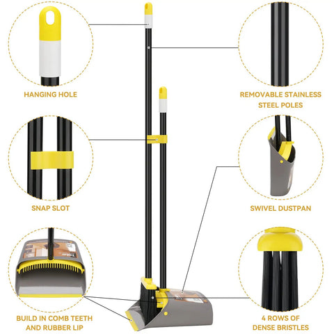 Heavy Duty Standing Broom And Dustpan Combo Set With Adjustable Long Handle features hanging hole and removable stainless steel poles.