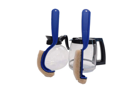 Heavy Duty Coffee Pot Cleaning Brush With Curved Stain Remover For Decanters, blue handle, showcased with coffee carafes