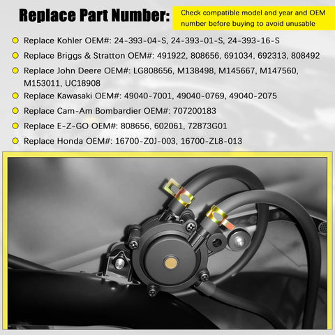 Close-up view of Lawn Mower Fuel Pump With Hose And Filter Plug And Play Small Engine Pump Compatible With Kawasaki Kohler Honda Briggs And Stratton John Deere OEM 808656 808492