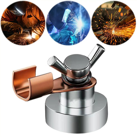 Top Tier Magnetic Welding Ground Clamp With Super Strong Suction Base For Fast On Site Shop Work, No Tools Needed, Fits Any Clean Metal Surface Perfectly - close-up view showing copper and metal design.