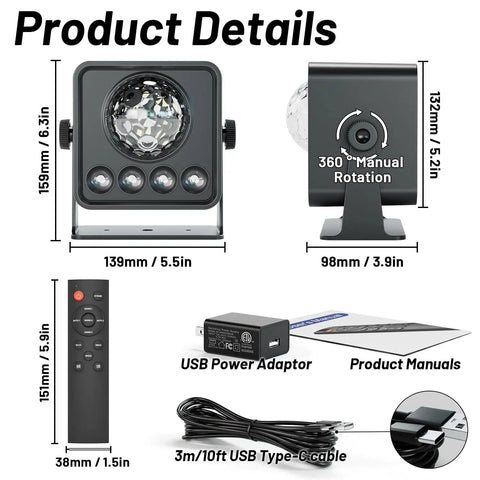 Disco Ball Party Lights With Sunset Projection And RGB UV White YGB LED DJ Stage Light product details and accessories displayed.