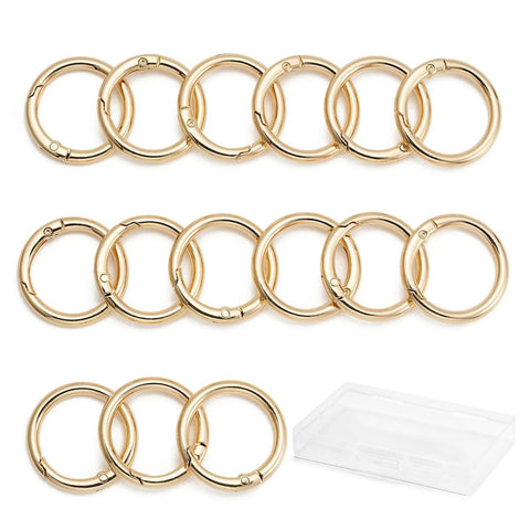 15 Pack Round Carabiner Clips With Trigger Spring O Rings Gold Finish One Inch And One Half Inch Sizes Metal Keychain Rings For Keys Bags And Purses Durable Gold Tone Buckle Clips For Everyday Carry, gold rings in storage box