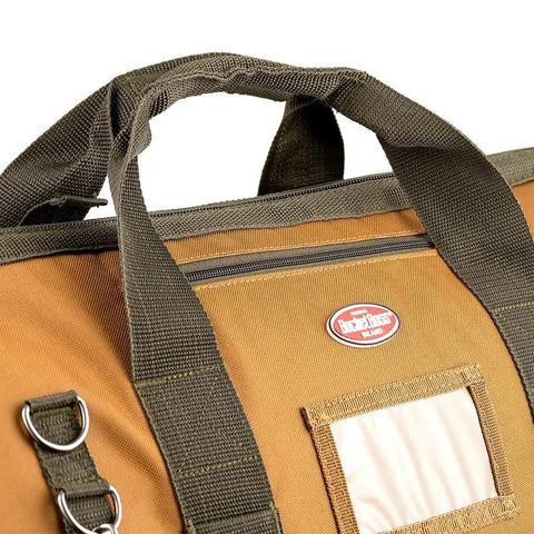 Gatemouth 20 Inch Tool Bag Brown With Wide Zip Opening And 36 Pockets Front Tech Pocket For Tablet Rugged Webbing Handles Built To Last