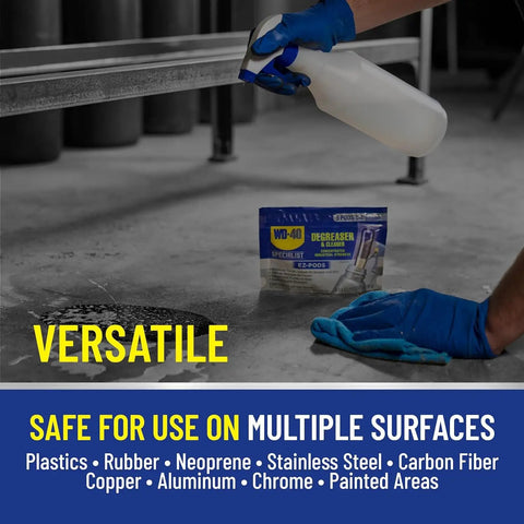 Customizable Industrial Strength Degreaser And Cleaner EZ Pods in use on metal surface with spray bottle and gloves, five pods per pack