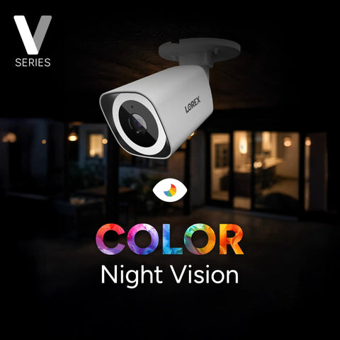 Color night vision of 8 Channel 4K NVR System With 4 PoE Bullet Cameras V3 featuring a camera mounted outside at night.