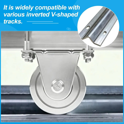 Close-up of Heavy Duty V Groove Track Wheels 304 Stainless Steel Double Pulley showing compatibility with V-shaped tracks.