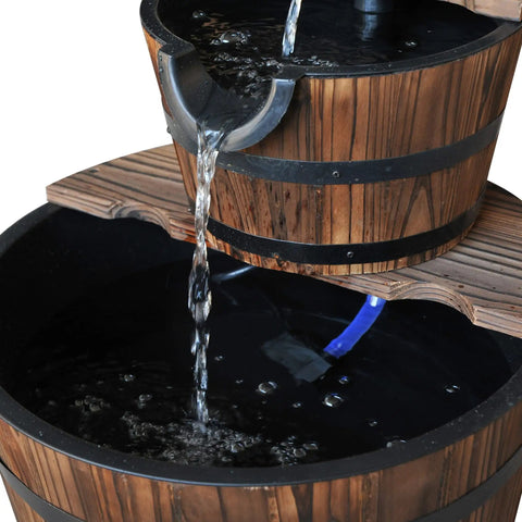 Close-up of Go-To Wood Freestanding Two Tier Waterfall Barrel Fountain With Electric Pump For Garden Decor, water flowing.