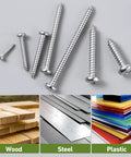 Heavy Duty Size 10 X 1 Inch Pan Head Wood Screws, 120 Pack 304 Stainless Steel Self Tapping Sheet Metal Fasteners With Smooth Phillips Drive on a gray background.