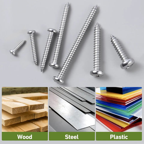 Heavy Duty Size 10 X 1 Inch Pan Head Wood Screws, 120 Pack 304 Stainless Steel Self Tapping Sheet Metal Fasteners With Smooth Phillips Drive on a gray background.