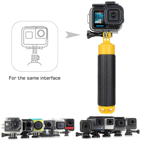Floating Hand Grip With Mini Tripod Stand For Action Cameras Waterproof Pole Mount Underwater Monopod Lets You Shoot Wet Or Dry Clips With Insta360 GoPro Hero 9 10 11 12 13 AKASO DJI Action 6 Handle Accessory shown with compatible cameras