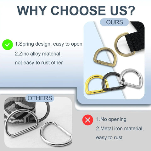Comparison of spring D-ring keychain clips in gold, black, and silver with non-spring metal rings; 'Ten Pack One Inch Spring D Ring Purse Clips Metal Carabiner Keychain Clips For Bag Straps And Key Fobs Dog Tag Clasps Paracord Keyrings Inner Diameter 25.5mm Wire Diameter 4.3mm Great For EDC Gear'