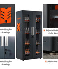 Heavy Duty CNC Tool Cabinet CAT40 Tool Holder Rack With ABS Buffering Liners showcasing metal back for drawings, adjustable feet, and knife sleeve.