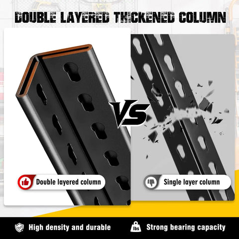 Comparison of double-layered and single-layered columns in Beefy Heavy Duty Five Tier Garage Shelving Unit With Adjustable Metal Shelves 2050 Lbs Total Capacity Sturdy Steel Frame Ideal For Garage Warehouse Workshop Pantry Basement Storage 71 In High By 35 In Wide By 15.7 In Deep.
