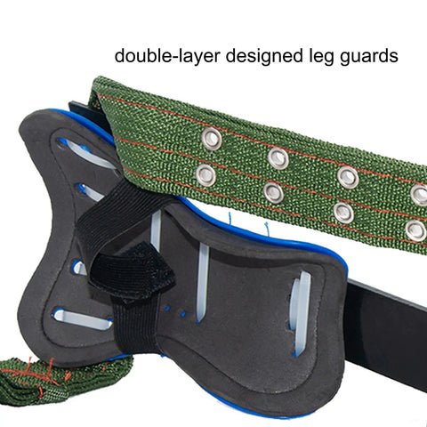 Close-up of leg guards from Two Pack Tree Climbing Gear Kit With Pro Grade Adjustable Stainless Steel Spikes And Harness Belt Non Slip Pedals