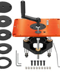Rock Solid Router Table Lift System With Zero Play For Three Point Five Inch Motor Diameters And Premium Upgraded Base Kit components with manual crank.