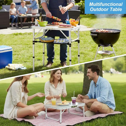 Portable Folding Camp Table 24 Inch By 16 Inch With Aluminum Frame Lightweight And Easy Setup Three Adjustable Heights in use during picnic and barbecue.