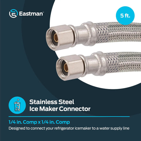 Close-up of Five Feet Flexible Ice Maker Connector with 1/4 in Compression Inlet and Outlet, braided stainless steel line.