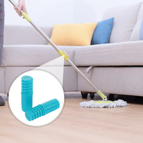 Heavy Duty 2 Pack Threaded Pole End Adapters For 19MM Metal Mop Rods attached to a cleaning pole with a mop on the floor.