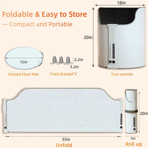 Foldable Under Desk Electric Foot Warmer For Office And Home, dimensions 55x18 inches unfolded, 20x5 inches rolled.