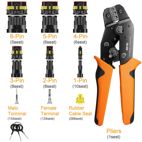 Image of 709 Piece Waterproof Wire Connector Kit With Self Adjusting Ratcheting Crimp Tool for Automotive Wiring including connectors and tool.