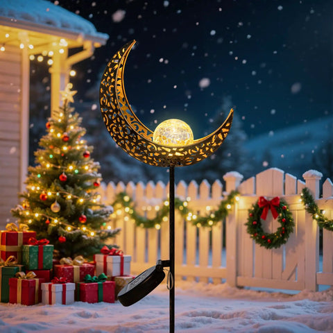 Moon Solar Garden Lights Waterproof Metal Stakes For Patio Yard Walkway Lawn Outdoor Decor Nighttime Glow Christmas Scene