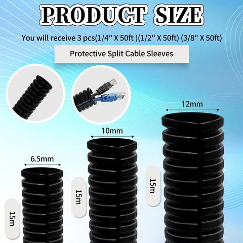 Dope Split Loom Cable Sleeve Kit sizes 1/4, 3/8, 1/2 inch with product size illustration for cable management