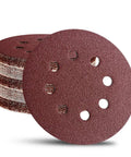 Forty Four Pack 5 Inch 8 Hole Hook And Loop Sanding Discs Red Round 60 Grit For Random Orbital Sander displayed in stack