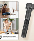 Boss Level 25PC Hex Socket Head Cap Screw Kit With M8 Size 30 35 40 45 50mm Black Steel Fasteners Perfect For Sick DIY Furniture Repair Plumbing Woodworking And Industrial Uses Where You Need Heavy Duty Bolts To Keep Things Down Secure Now. Black M8 hex socket cap screw, close-up for furniture assembly