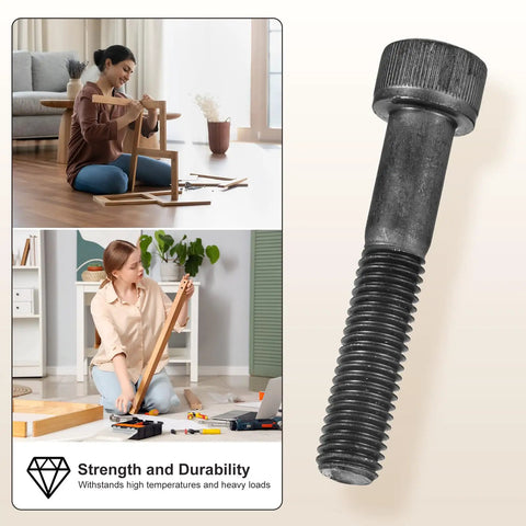 Boss Level 25PC Hex Socket Head Cap Screw Kit With M8 Size 30 35 40 45 50mm Black Steel Fasteners Perfect For Sick DIY Furniture Repair Plumbing Woodworking And Industrial Uses Where You Need Heavy Duty Bolts To Keep Things Down Secure Now. Black M8 hex socket cap screw, close-up for furniture assembly