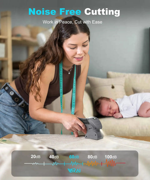 A woman using Heavy Duty Cordless Electric Scissors With Fast Charging Rechargeable Battery to cut fabric quietly at home.