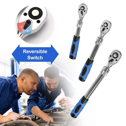 Extendable Ratchet Set With 1/4 Inch 3/8 Inch And 1/2 Inch Drive Sockets, 72-Tooth Quick Release Reversible CR-V Gear, Heavy Duty Torque Spanner Hand Tools With Soft Grip Ergonomic Handles
