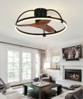 Nepal Solid Wood Flush-Mount Ceiling Fan with Light and Remote Control in living room, displaying wood blades and circular light.