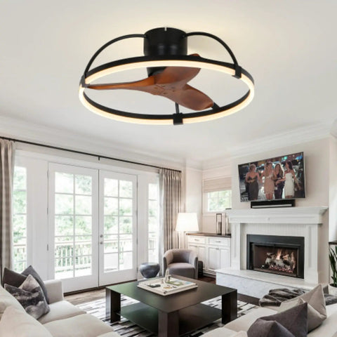 Nepal Solid Wood Flush-Mount Ceiling Fan with Light and Remote Control in living room, displaying wood blades and circular light.