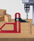 Pro Grade Height Gauge For Woodworking measuring on a drill press, double scale, red anodized aluminum with laser engraving.