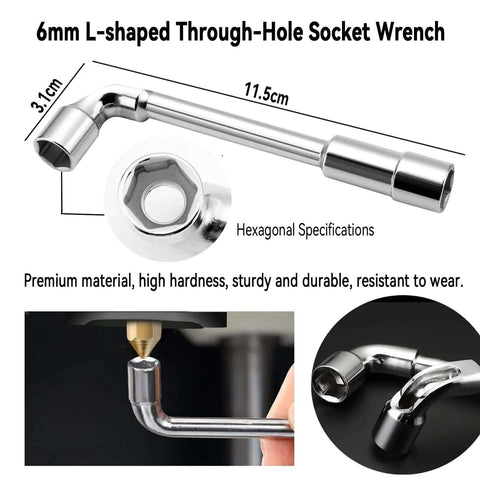 6mm L-shaped through-hole socket wrench with hexagonal specifications and high durability displayed in close-up.