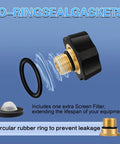 Exploded view of a Beefy Brass Water Inlet Fitting For Pressure Washer Pump 3/8 NPT To 3/4 GHT Hose Adapter with O-ring and screen filter.