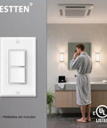 Two Pack Double Rocker Light Switch With Dual Paddle Interrupter, 15A 120V, In Wall On Off, Single Pole, UL Listed, Decor Wall Plate Included, White Finish next to bathroom scene.