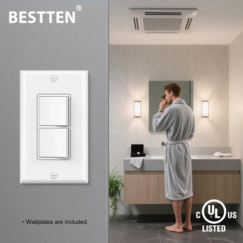 Two Pack Double Rocker Light Switch With Dual Paddle Interrupter, 15A 120V, In Wall On Off, Single Pole, UL Listed, Decor Wall Plate Included, White Finish next to bathroom scene.