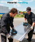 Two men using SEESII Heavy Duty Suction Cups for Glass and Tile Lifting rated at 550 pounds on a metal panel.